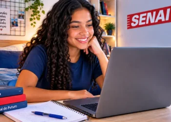 Estudante sorridente acompanha uma aula pelo notebook em um quarto aconchegante e organizado, com o logo do SENAI em destaque ao fundo.
