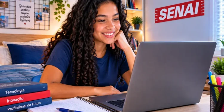 Estudante sorridente acompanha uma aula pelo notebook em um quarto aconchegante e organizado, com o logo do SENAI em destaque ao fundo.