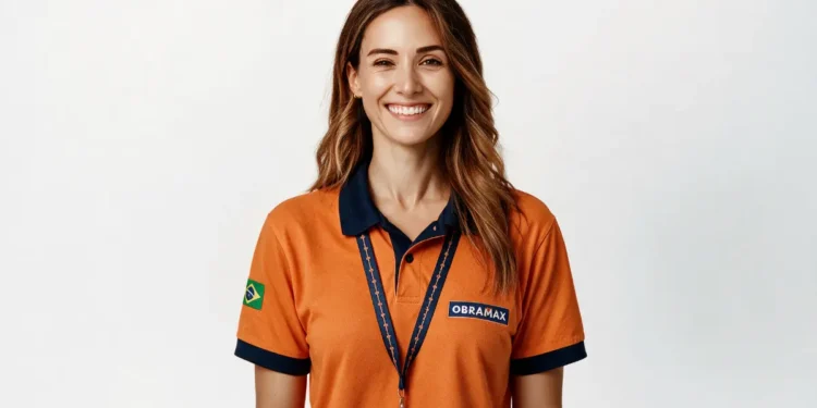 Mulher sorridente veste camisa polo laranja com o logotipo da Obramax.