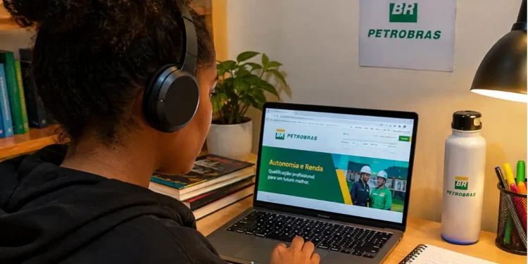 Uma estudante usa um notebook para acessar conteúdos de qualificação profissional da Petrobras.