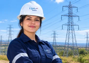 Jovem profissional usando uniforme azul-escuro e capacete da ISA Energia em uma área externa.