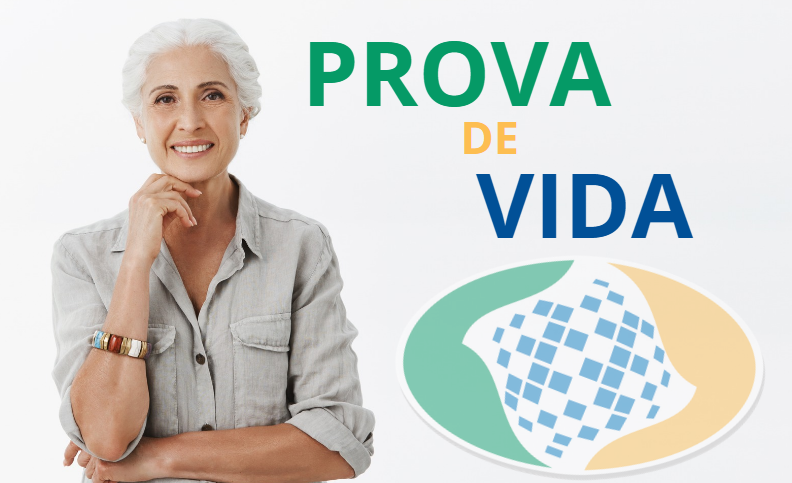 Mulher idosa de cabelos grisalhos sorrindo ao lado do texto Prova de Vida e logotipo do INSS.