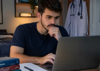 Jovem estudante de Medicina olhando para notebook, cercado por livros, jaleco e estetoscópio visíveis.