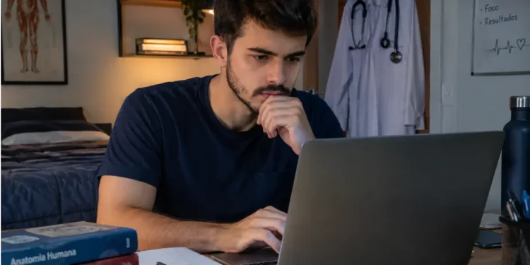 Jovem estudante de Medicina olhando para notebook, cercado por livros, jaleco e estetoscópio visíveis.