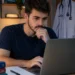 Jovem estudante de Medicina olhando para notebook, cercado por livros, jaleco e estetoscópio visíveis.
