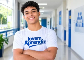 Jovem sorrindo em corredor com os braços cruzados.