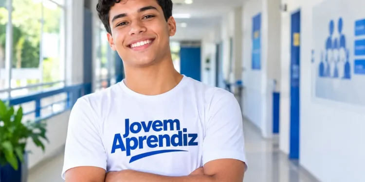 Jovem sorrindo em corredor com os braços cruzados.