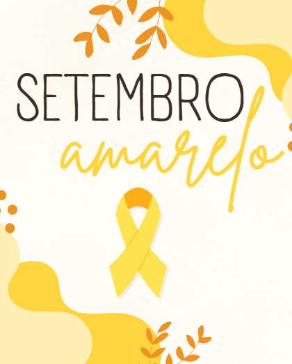 Fita amarela centralizada com texto Setembro Amarelo rodeada por ilustrações amarelas e folhas.