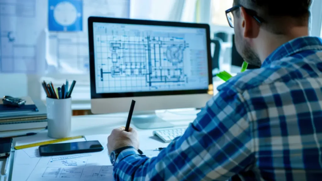 Engenheiro projeta planta arquitetônica em computador no escritório.