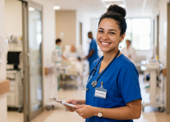 Técnica de enfermagem sorridente em corredor hospitalar ativa no cuidado.