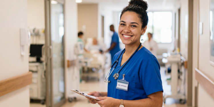 Técnica de enfermagem sorridente em corredor hospitalar ativa no cuidado.