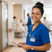 Técnica de enfermagem sorridente em corredor hospitalar ativa no cuidado.