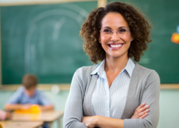 Professora sorridente em sala de aula transmite confiança e acolhimento.