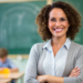 Professora sorridente em sala de aula transmite confiança e acolhimento.