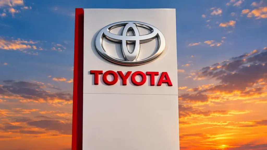 Placa com nome e logo da Toyota ao entardecer.