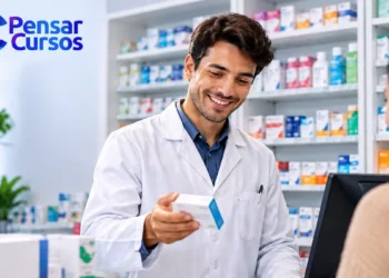 Profissional de farmácia sorrindo enquanto entrega uma caixa de medicamento a uma cliente no balcão.