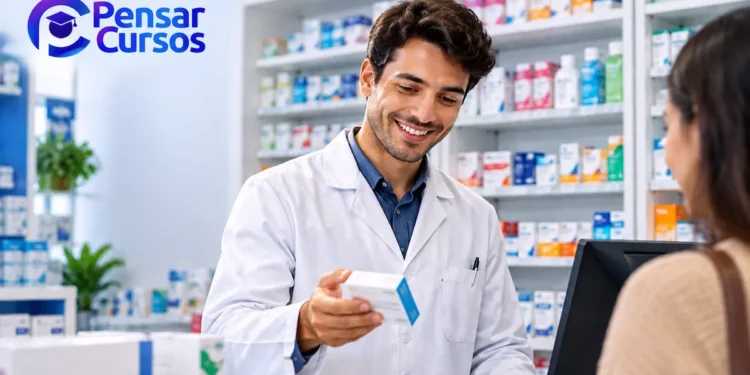 Profissional de farmácia sorrindo enquanto entrega uma caixa de medicamento a uma cliente no balcão.