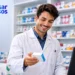 Profissional de farmácia sorrindo enquanto entrega uma caixa de medicamento a uma cliente no balcão.