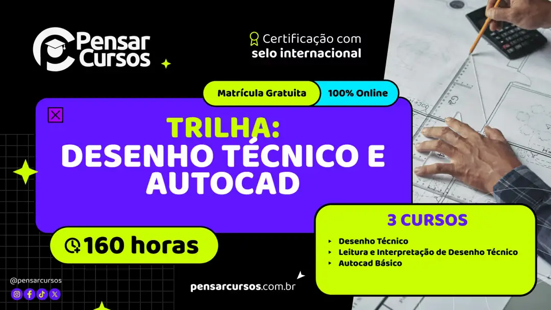 Mão masculina desenhando planta técnica ao lado de anúncio digital de cursos de Desenho Técnico e AutoCAD.