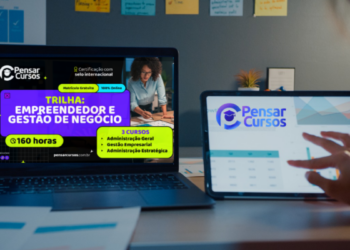 Trilha Empreendedor e Gestão de Negócio no site Pensar Cursos em tela de laptop.