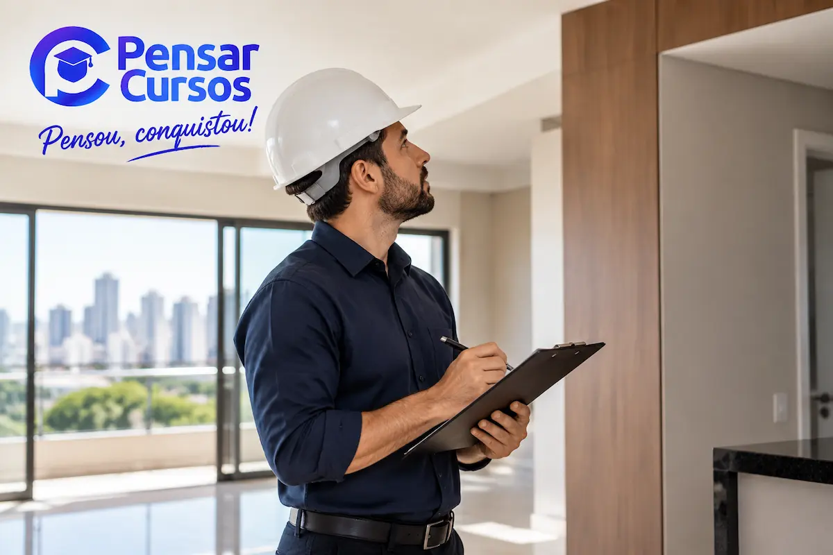 Perito de imóveis realizando vistoria residencial com prancheta durante avaliação de propriedade.