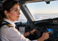 Mulher piloto conduzindo avião comercial dentro da cabine de comando durante voo.