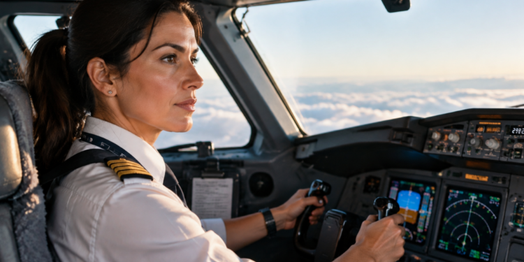 Mulher piloto conduzindo avião comercial dentro da cabine de comando durante voo.