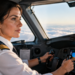 Mulher piloto conduzindo avião comercial dentro da cabine de comando durante voo.