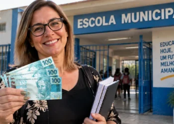 Professora segurando cédulas de dinheiro em frente a uma escola municipal, representando o anúncio do abono de R$ 3.500 para profissionais da educação.