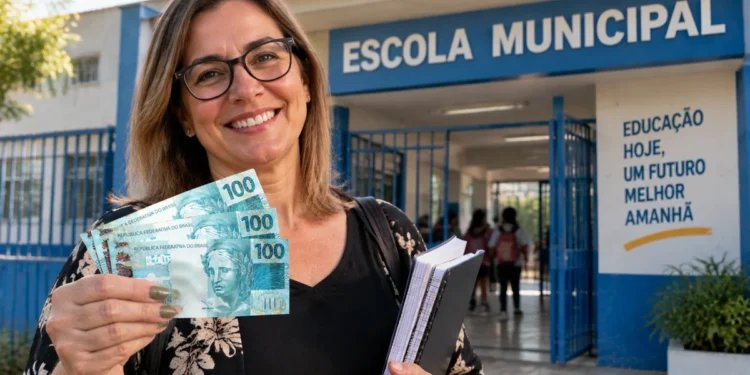 Professora segurando cédulas de dinheiro em frente a uma escola municipal, representando o anúncio do abono de R$ 3.500 para profissionais da educação.