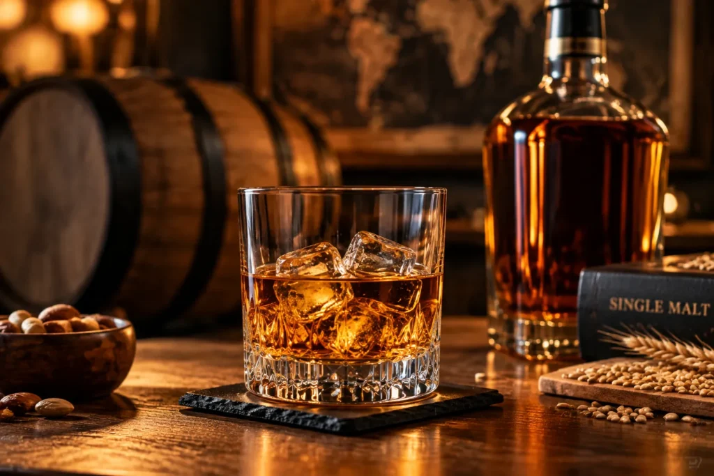 Copo de uísque com gelo ao lado de garrafa da bebida, representando as grafias whisky, whiskey e uísque na língua portuguesa