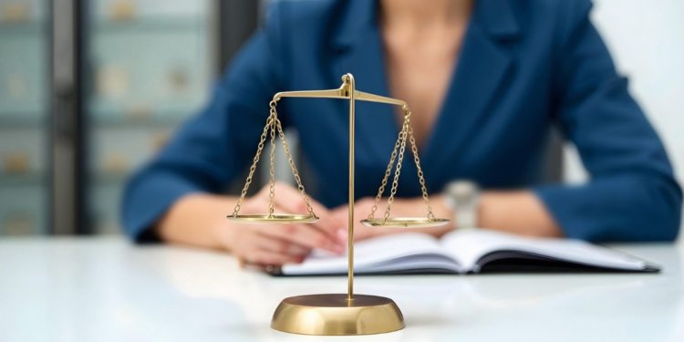 Advogada em atuação com símbolo da Justiça representando a advocacia pro bono.