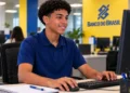 Jovem aprendiz trabalha no computador em ambiente relacionado ao Banco do Brasil.