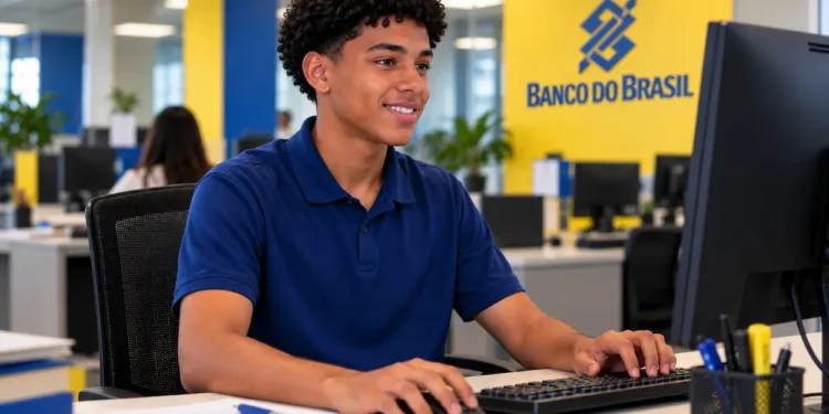 Jovem aprendiz trabalha no computador em ambiente relacionado ao Banco do Brasil.