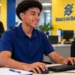 Jovem aprendiz trabalha no computador em ambiente relacionado ao Banco do Brasil.