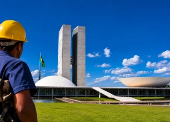 Trabalhador observa o Congresso Nacional, representando o avanço da PEC que prevê o fim da jornada 6x1.