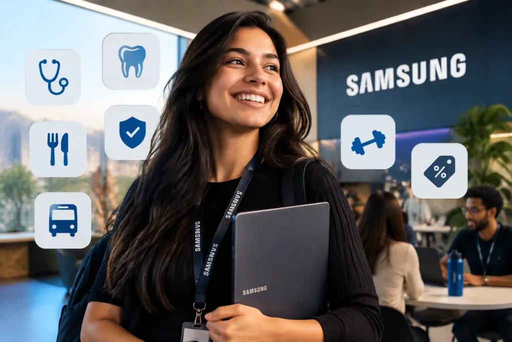 Estudante participando de programa de estágio em escritório da Samsung, representando os benefícios profissionais oferecidos pelo Programa de Estágio Samsung 2027.