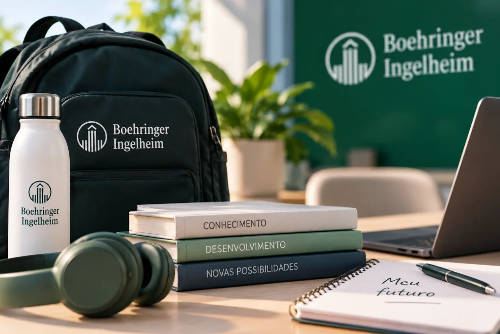 Mochila, garrafa, fones e livros Boehringer Ingelheim com caderno escrito "Meu futuro" sobre mesa, simbolizando os benefícios do estágio da Boehringer Ingelheim.