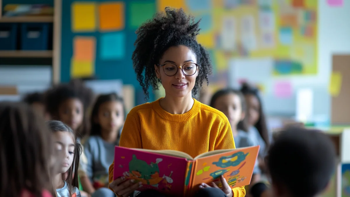 Estudante de licenciatura conduz atividade educativa com alunos em sala de aula representando formação docente pelo Pibid.