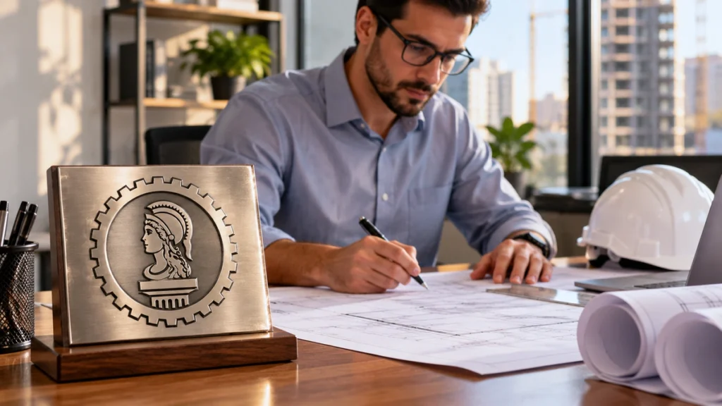 Engenheiro civil trabalha em projeto ao lado de placa metálica com brasão de Minerva e engrenagem.