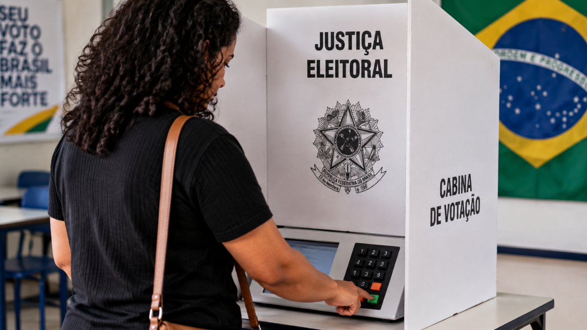 Pessoa utilizando urna eletrônica em cabine de votação para representar o uso da palavra cabine.