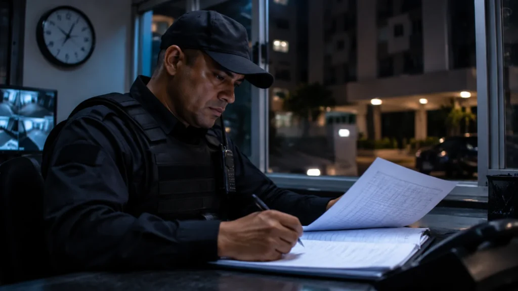 Vigilante analisa registros de jornada durante plantão noturno para cálculo do adicional na escala 12x36