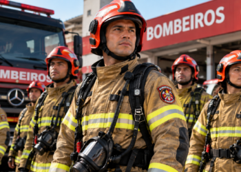 Bombeiros fardados em formação representando as diferenças entre as carreiras de bombeiro civil e militar.