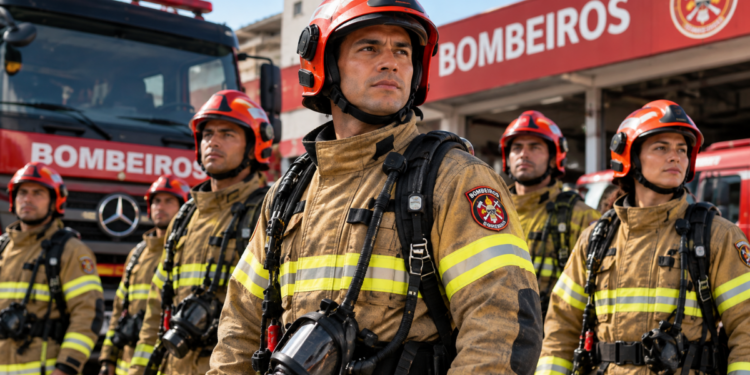 Bombeiros fardados em formação representando as diferenças entre as carreiras de bombeiro civil e militar.