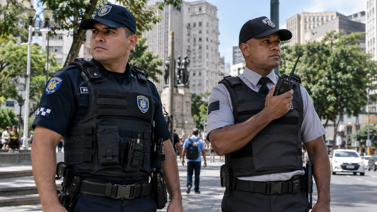 Guarda Municipal e Vigilante atuando em área urbana, representando a diferença salarial de até R$ 800 mensais entre as duas carreiras de segurança.