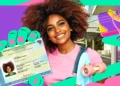 Imagem ilustrativa de jovem sorridente segurando um skate ao lado de um modelo da Carteira de Identidade Nacional, em arte colorida de divulgação