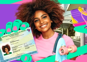 Imagem ilustrativa de jovem sorridente segurando um skate ao lado de um modelo da Carteira de Identidade Nacional, em arte colorida de divulgação