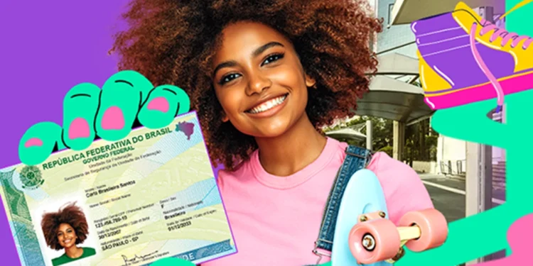 Imagem ilustrativa de jovem sorridente segurando um skate ao lado de um modelo da Carteira de Identidade Nacional, em arte colorida de divulgação
