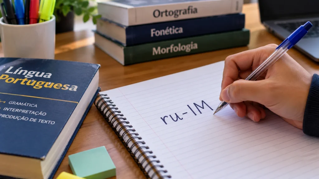 Caderno com a separação ru-IM, representando a sílaba tônica da palavra “ruim” na língua portuguesa.