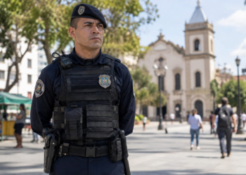 Guarda municipal de uniforme tático preto em praça urbana com igreja colonial ao fundo, simbolizando o concurso Guarda de Guarulhos.